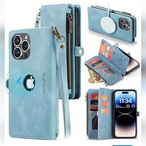 FlipPalm Magsafe Case Wallet Logo iPhone 14 Pro Max w/RFID Blocking Tiffany blue